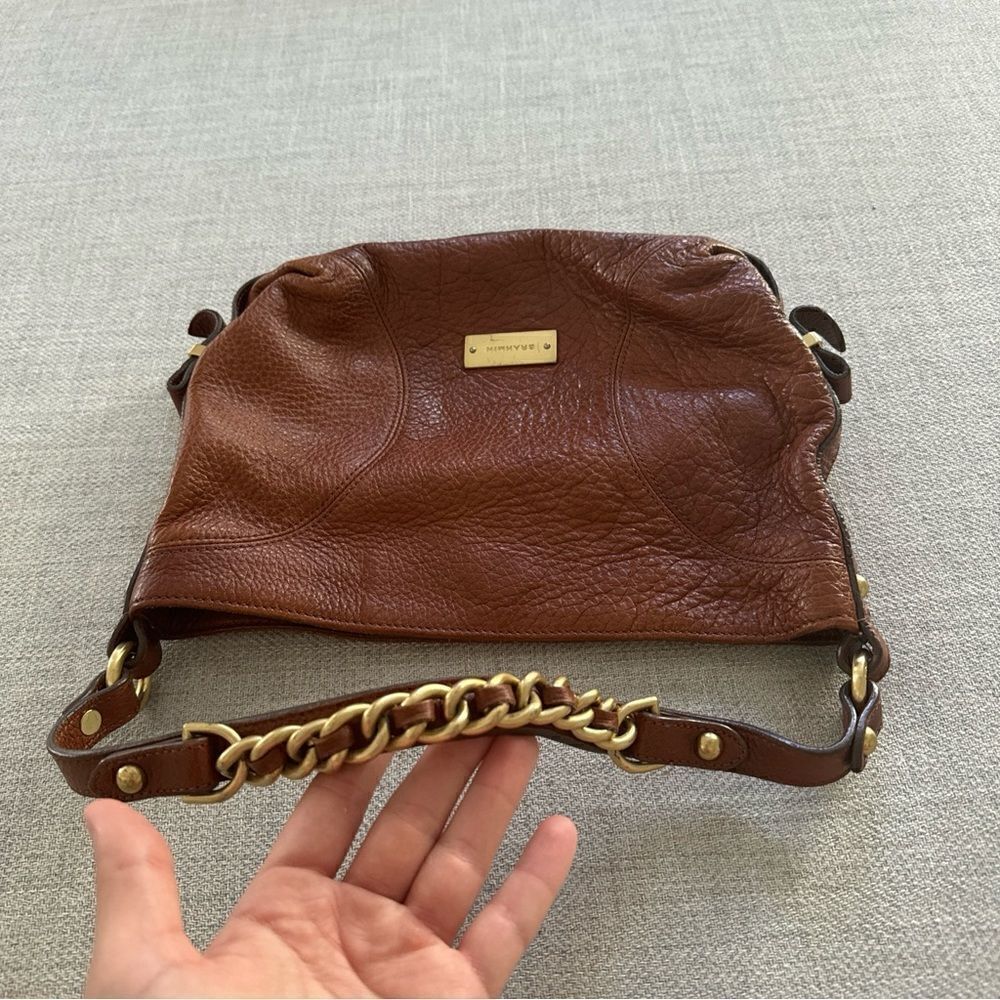 BRAHMIN Brown Pebble Leather Tote Purse Gold Chain Trim Chunky Hardware - Picture 2 of 10
